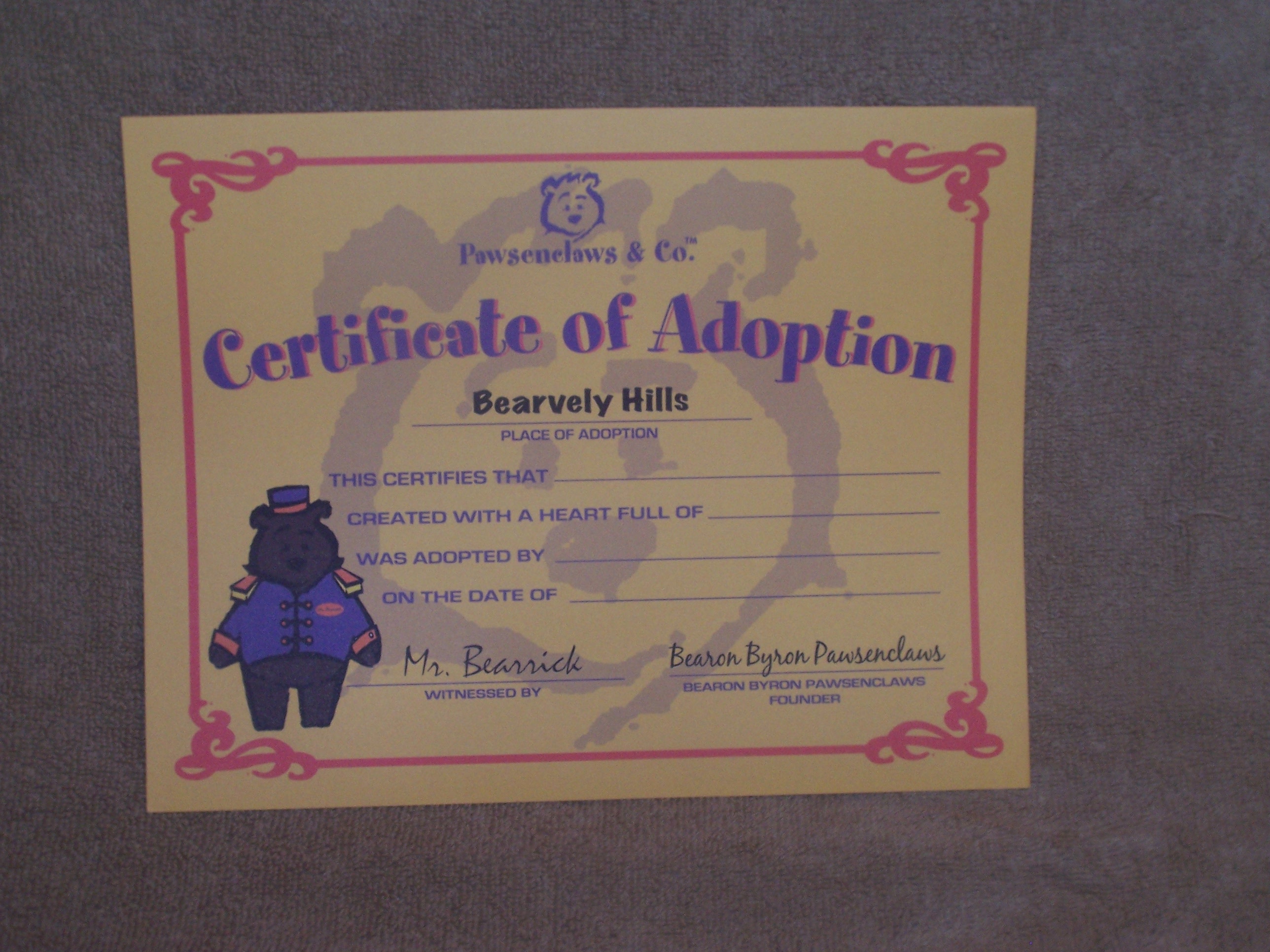 Adoption certificates come with the bears